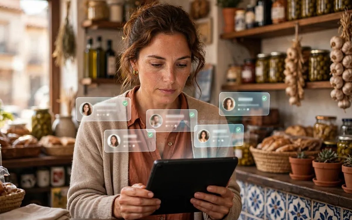 Una comerciante revisando la ficha de sus clientes en la tablet